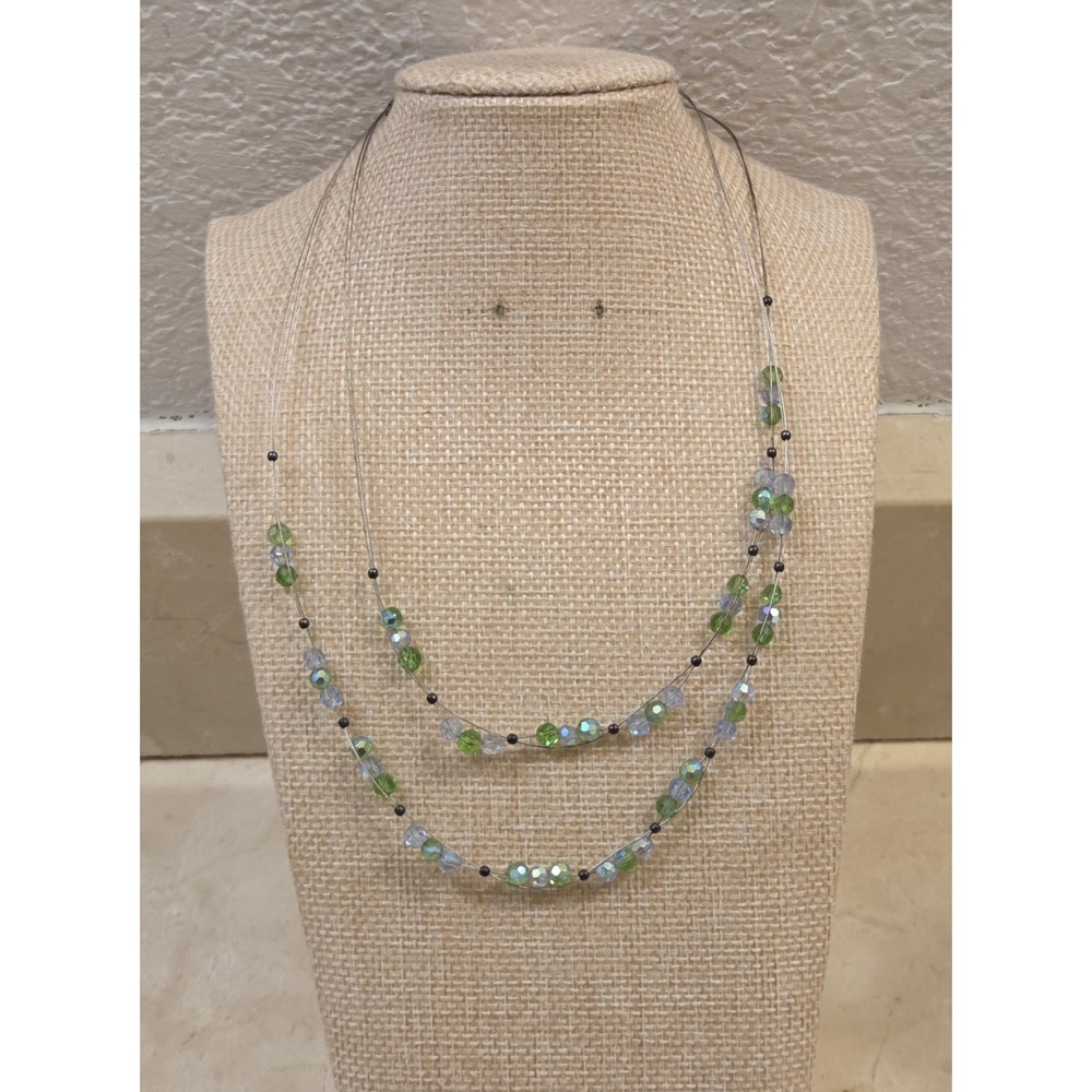 Unique‎ Vintage Sterling Silver Blue Green Glass Bead Multi Strand Necklace